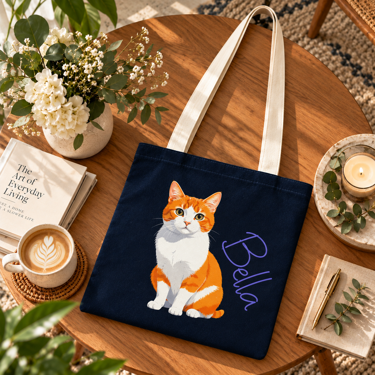 Bella Cat Printed Cotton Canvas Tote Bag – 36 × 40 cm