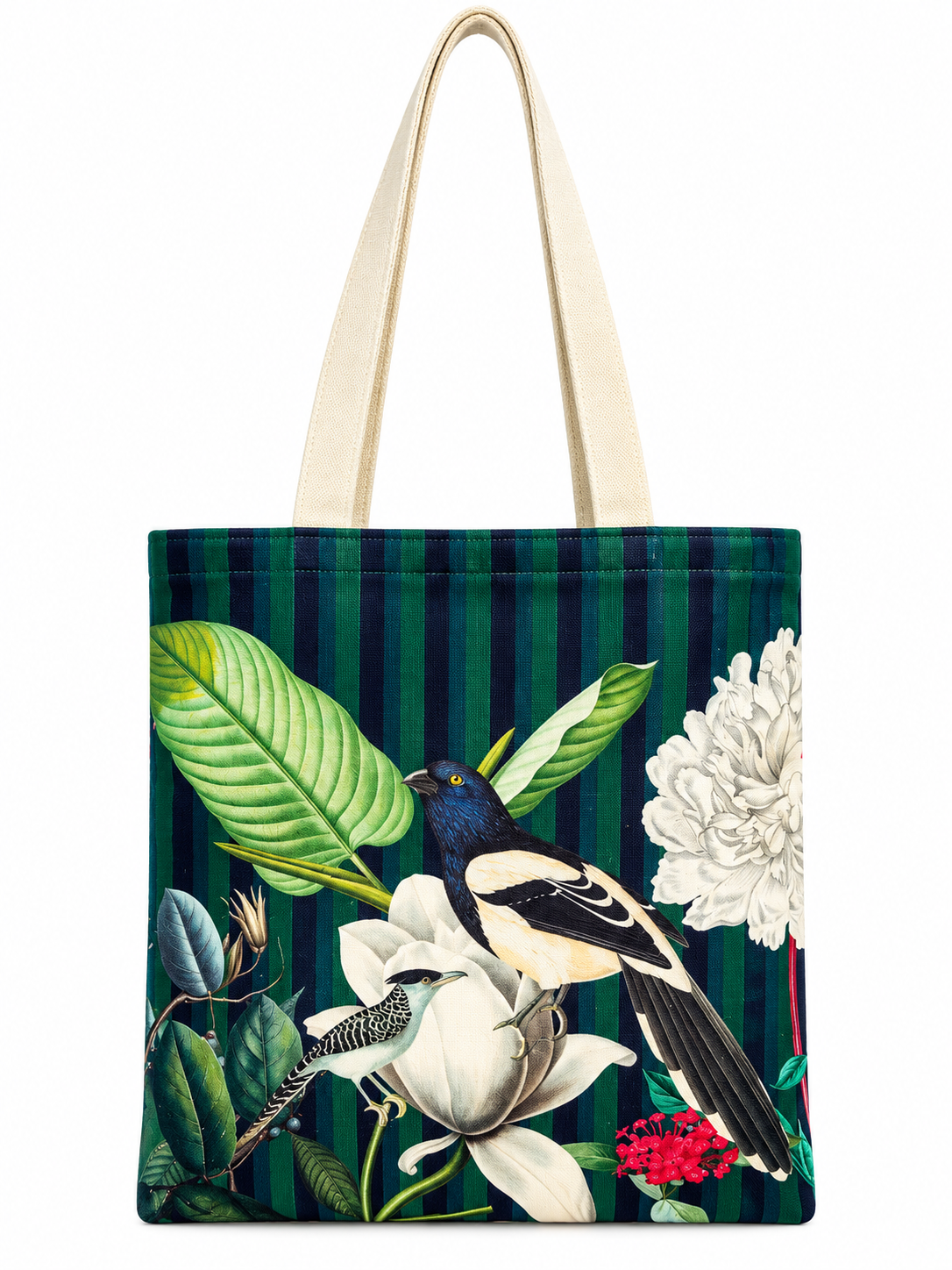 Tropical Birds & Floral Printed Cotton Canvas Tote Bag – 36 × 40 cm