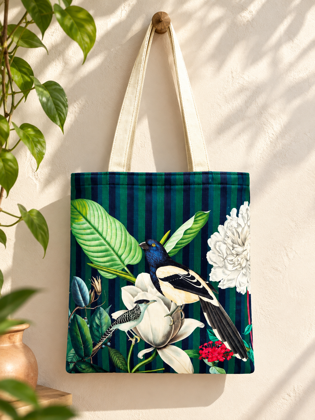 Tropical Birds & Floral Printed Cotton Canvas Tote Bag – 36 × 40 cm