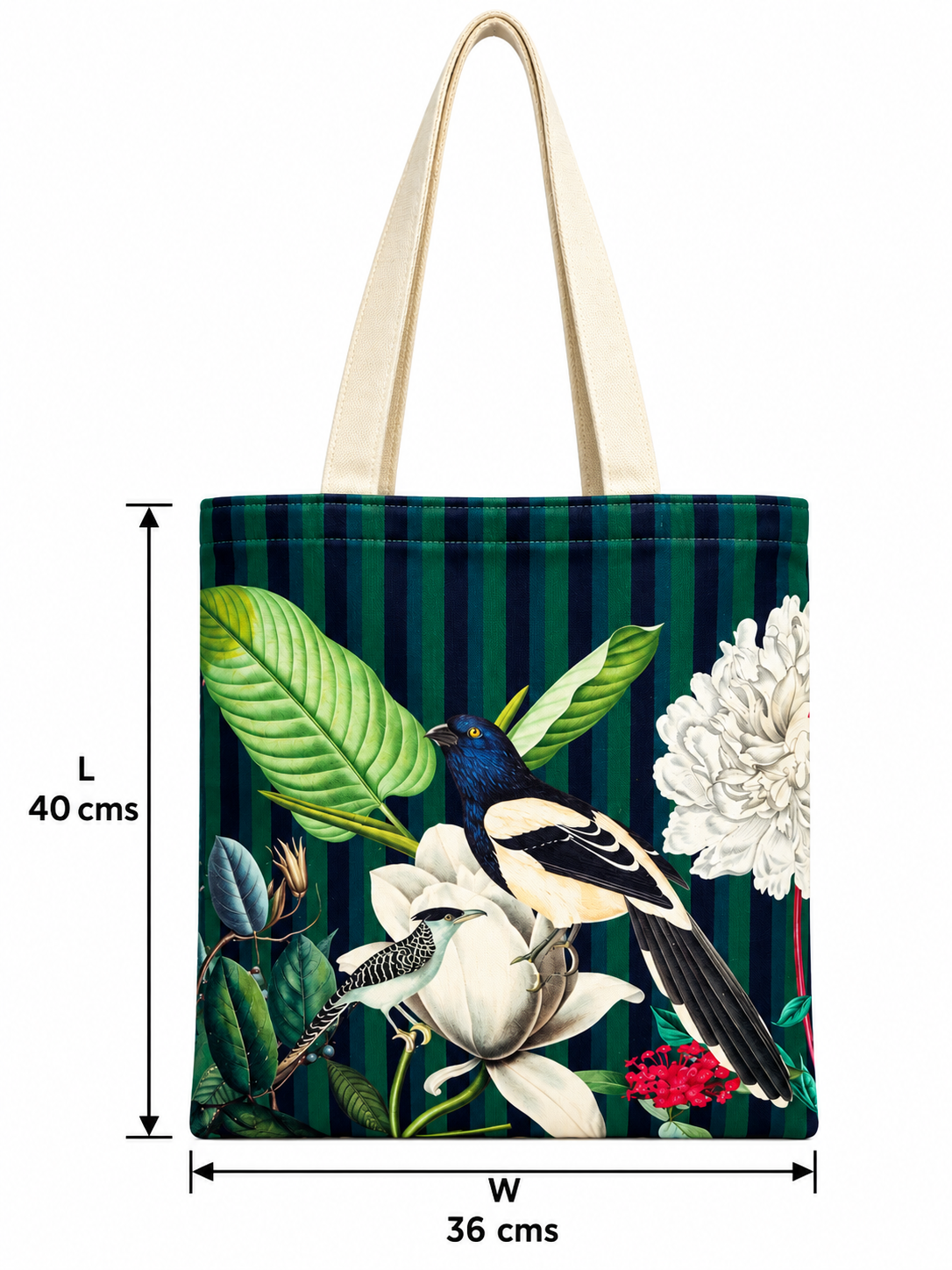 Tropical Birds & Floral Printed Cotton Canvas Tote Bag – 36 × 40 cm