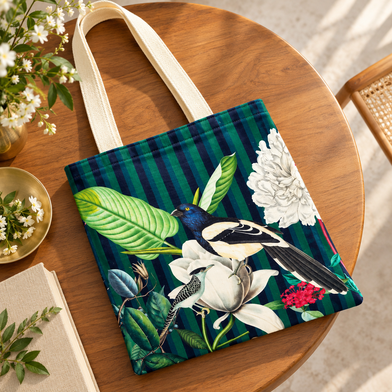 Tropical Birds & Floral Printed Cotton Canvas Tote Bag – 36 × 40 cm