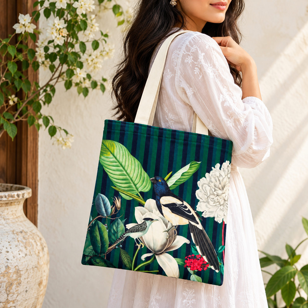 Tropical Birds & Floral Printed Cotton Canvas Tote Bag – 36 × 40 cm