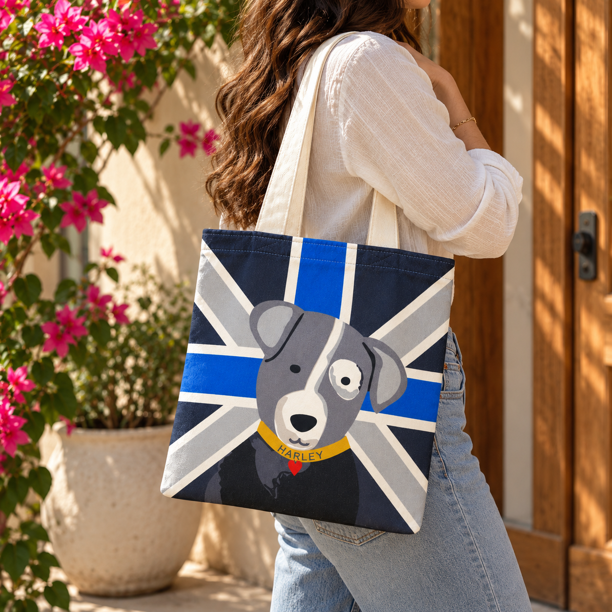 Harley Dog Printed Cotton Canvas Tote Bag – 36 × 40 cm