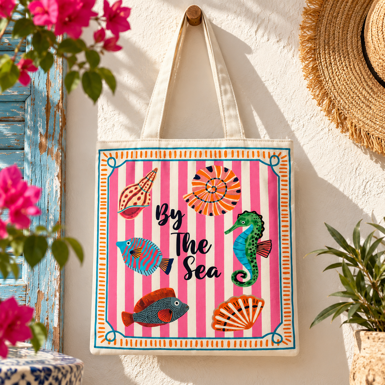 By The Sea Printed Cotton Canvas Tote Bag – 36 × 40 cm