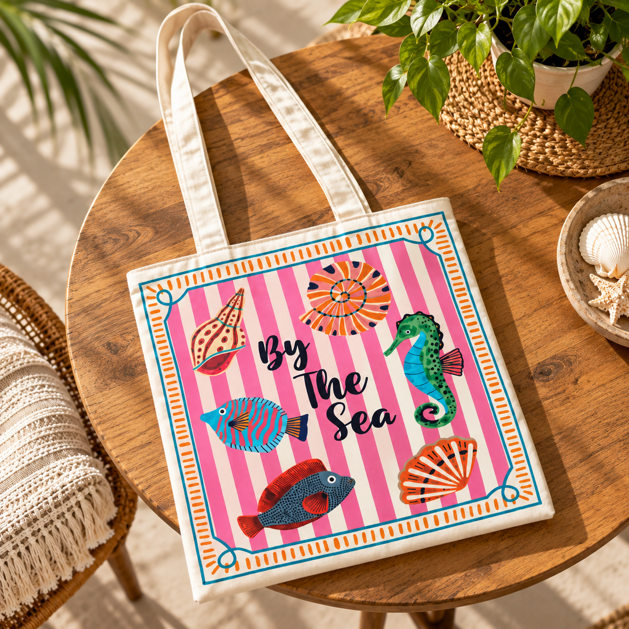By The Sea Printed Cotton Canvas Tote Bag – 36 × 40 cm