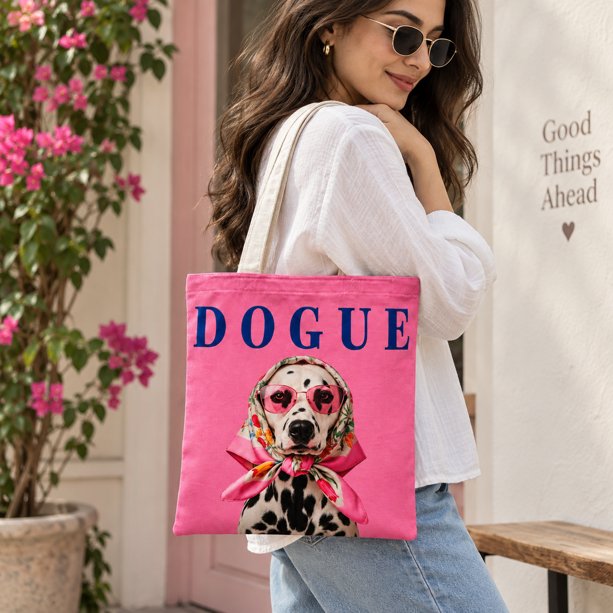 Dogue Pink Dog Printed Cotton Canvas Tote Bag – 36 × 40 cm