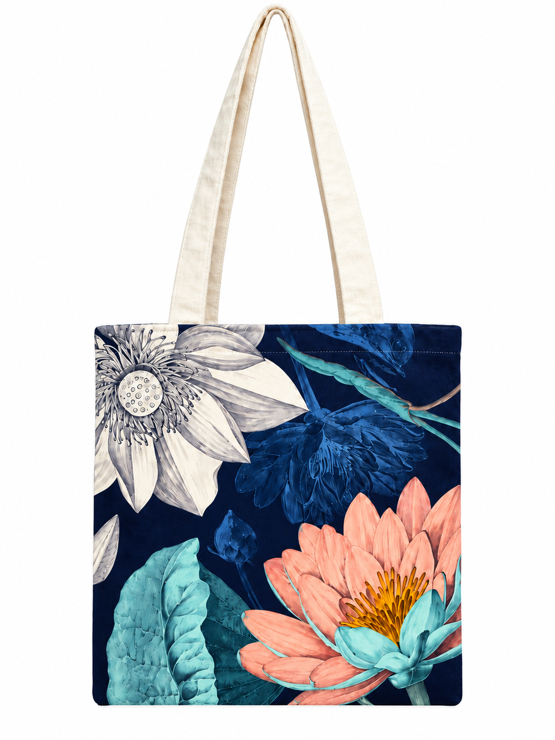 Floral Lotus Printed Cotton Canvas Tote Bag – 36 × 40 cm
