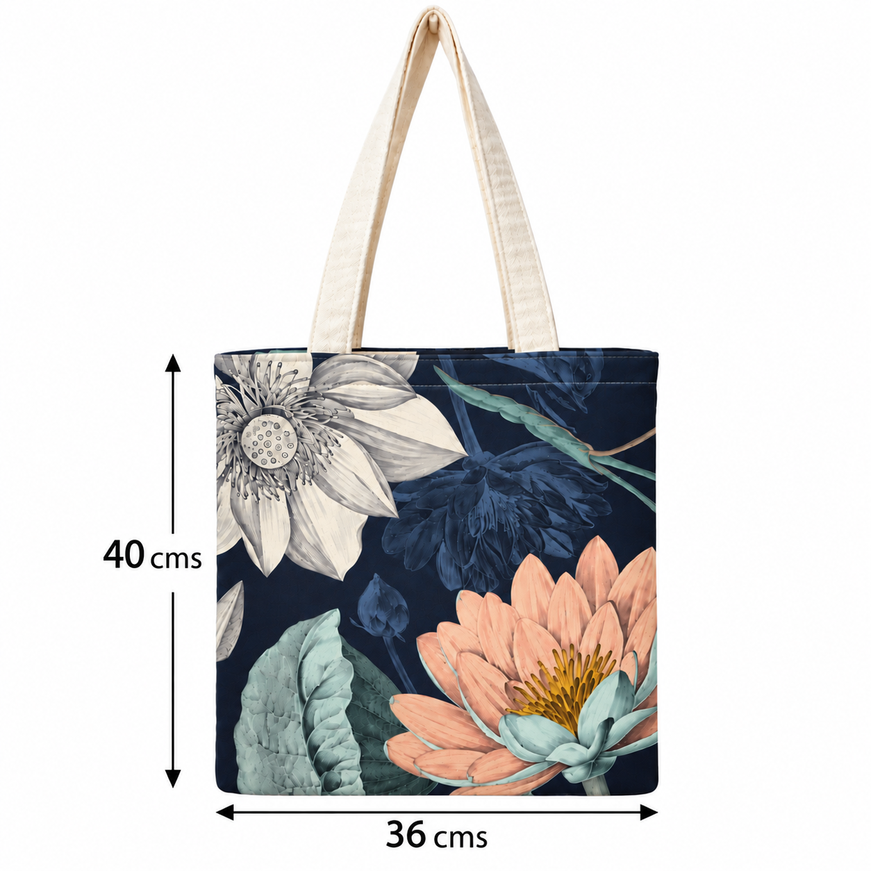 Floral Lotus Printed Cotton Canvas Tote Bag – 36 × 40 cm