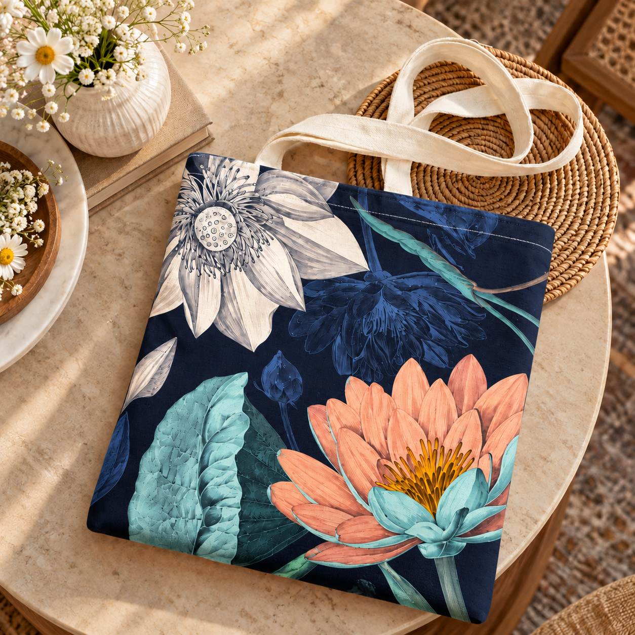Floral Lotus Printed Cotton Canvas Tote Bag – 36 × 40 cm