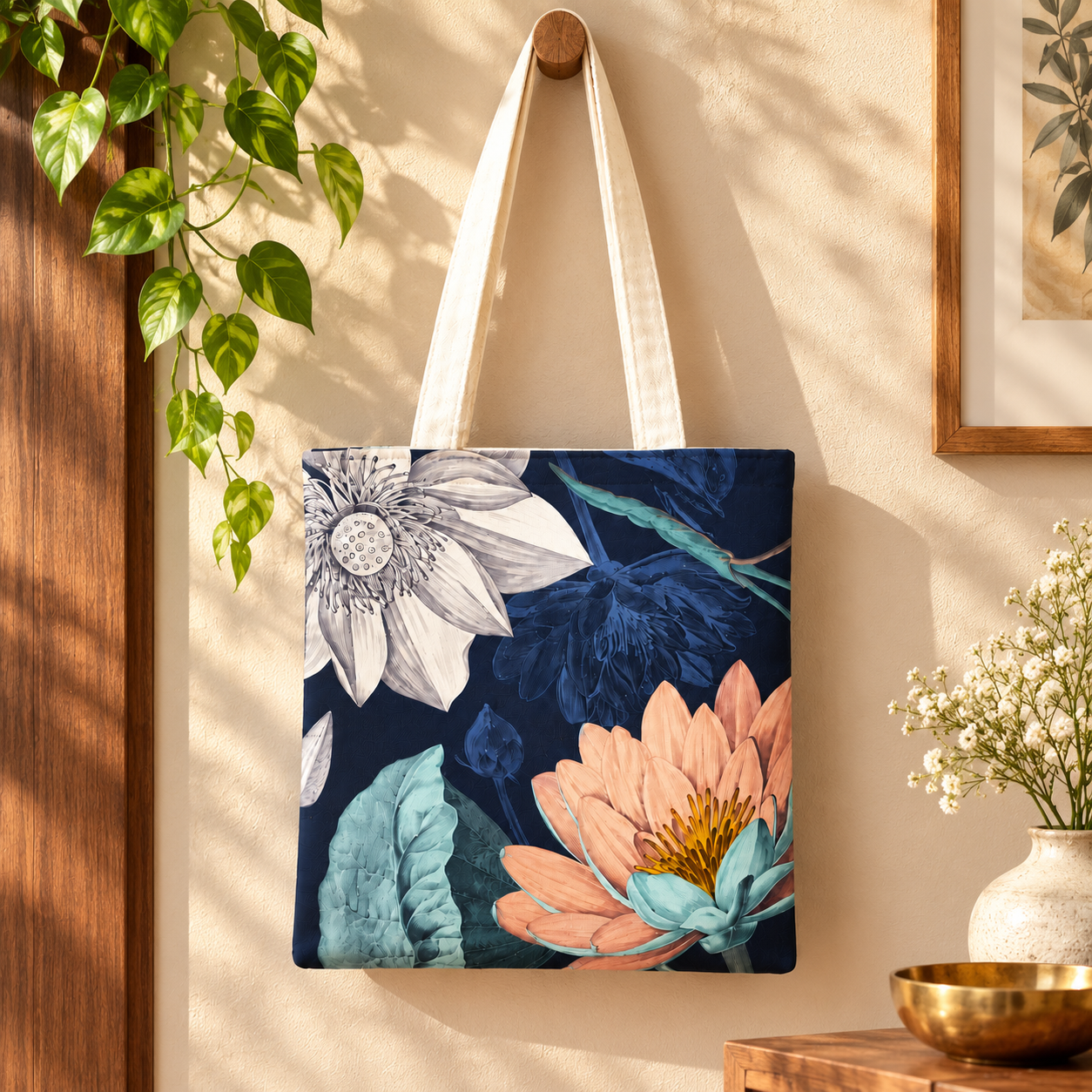 Floral Lotus Printed Cotton Canvas Tote Bag – 36 × 40 cm