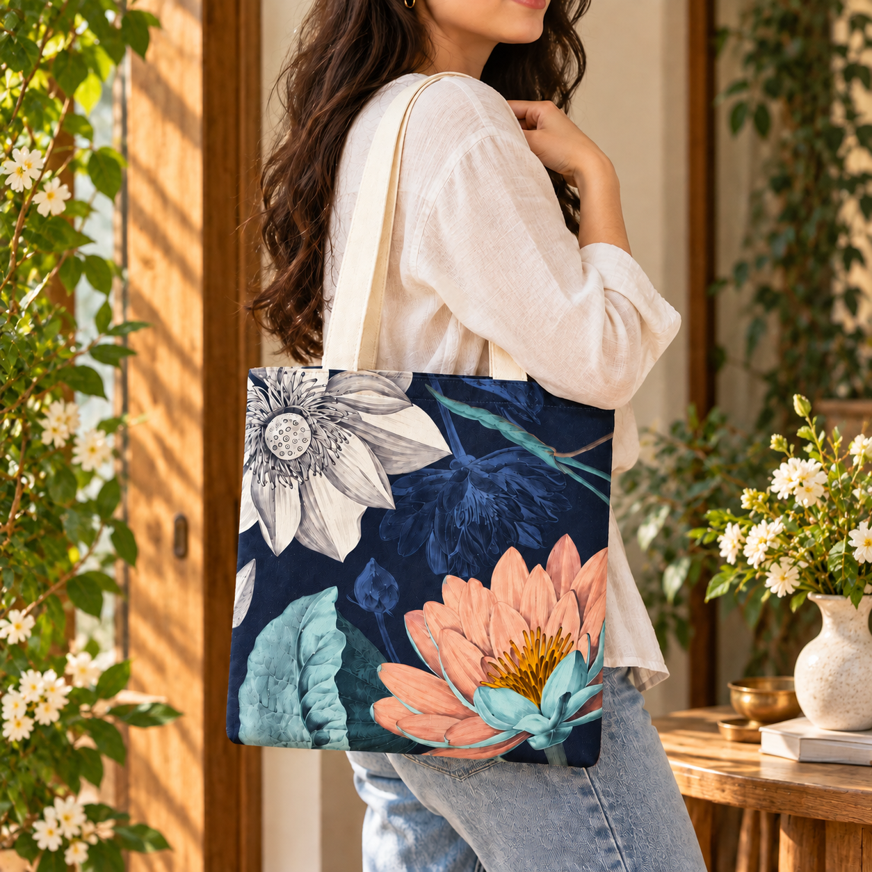 Floral Lotus Printed Cotton Canvas Tote Bag – 36 × 40 cm