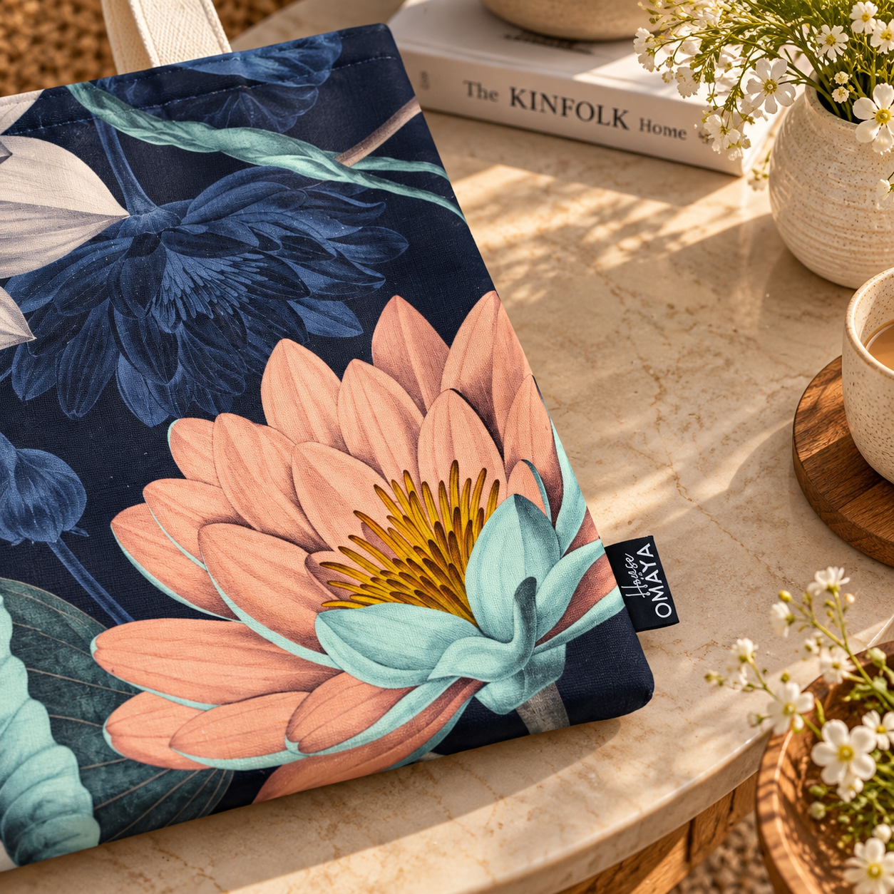 Floral Lotus Printed Cotton Canvas Tote Bag – 36 × 40 cm