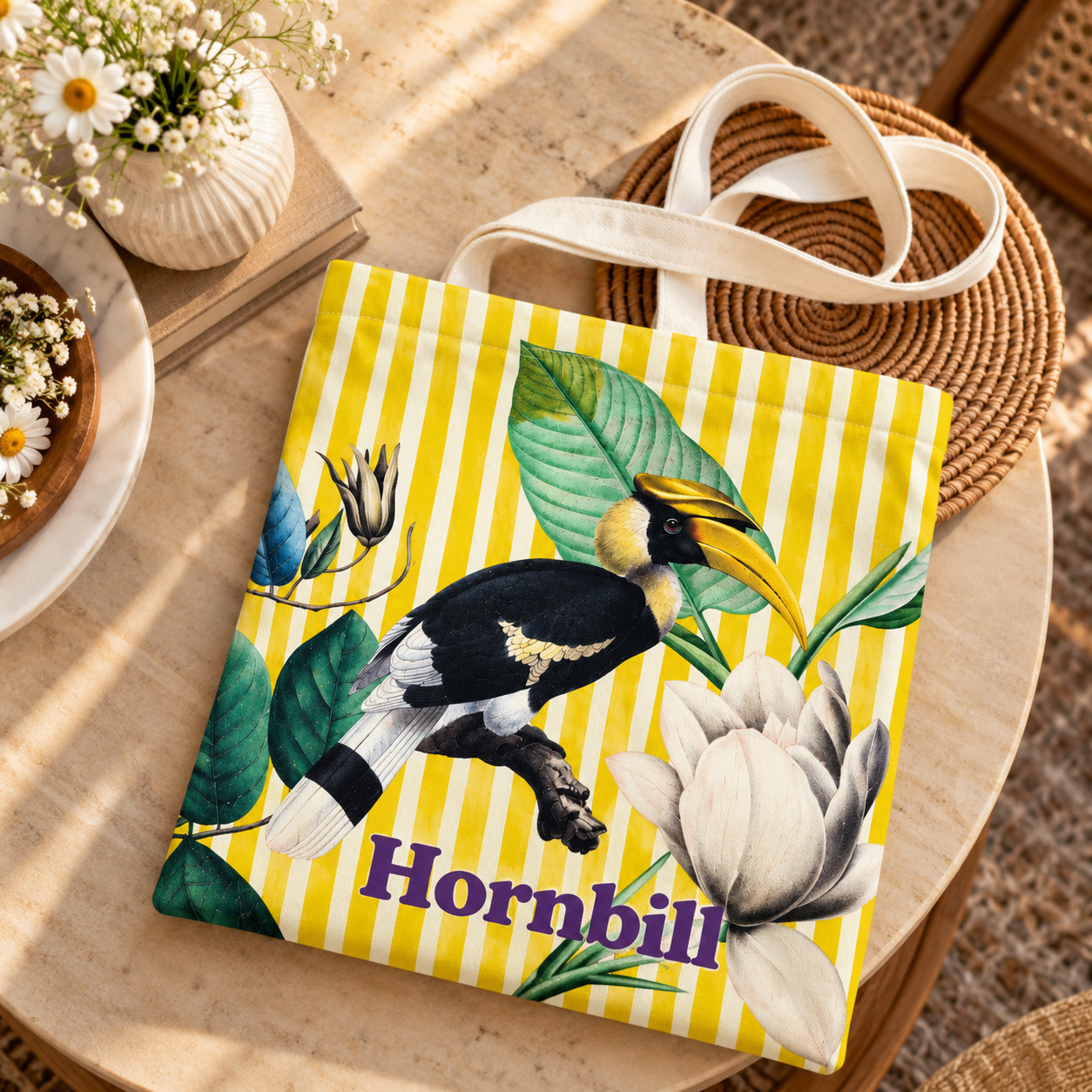 Hornbill Tropical Bird Printed Cotton Canvas Tote Bag – 36 × 40 cm