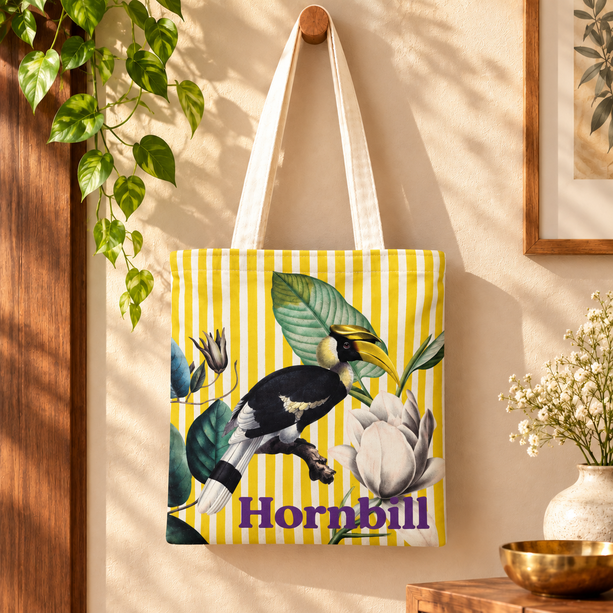 Hornbill Tropical Bird Printed Cotton Canvas Tote Bag – 36 × 40 cm