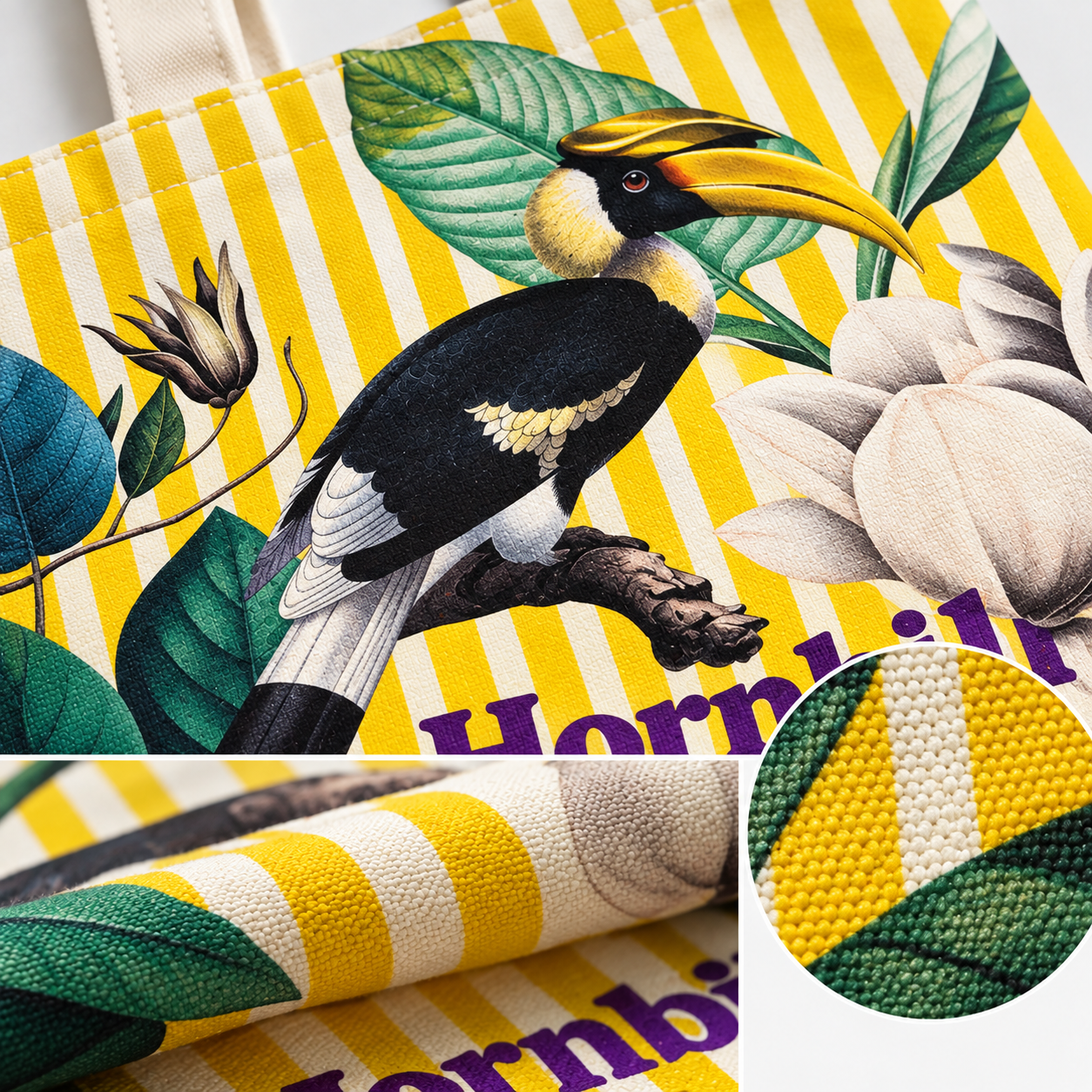 Hornbill Tropical Bird Printed Cotton Canvas Tote Bag – 36 × 40 cm