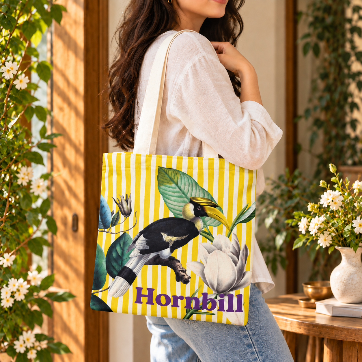 Hornbill Tropical Bird Printed Cotton Canvas Tote Bag – 36 × 40 cm