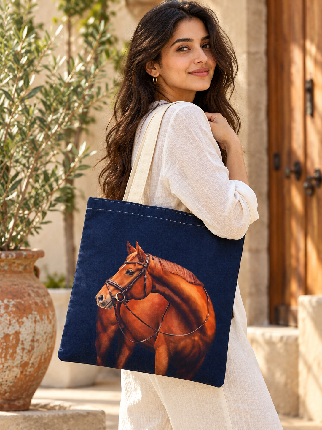 Horse Print Cotton Canvas Tote Bag – Equestrian Style Carryall, 36 × 40 cm