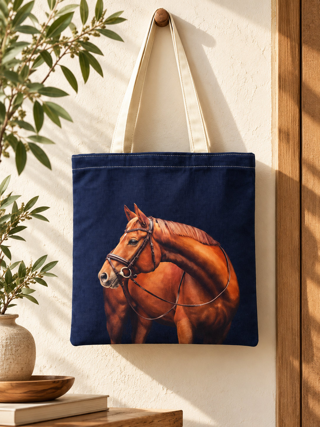 Horse Print Cotton Canvas Tote Bag – Equestrian Style Carryall, 36 × 40 cm