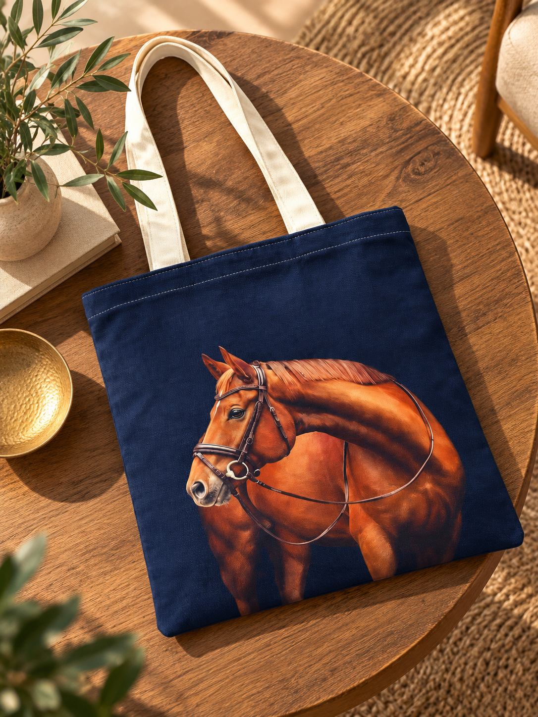 Horse Print Cotton Canvas Tote Bag – Equestrian Style Carryall, 36 × 40 cm