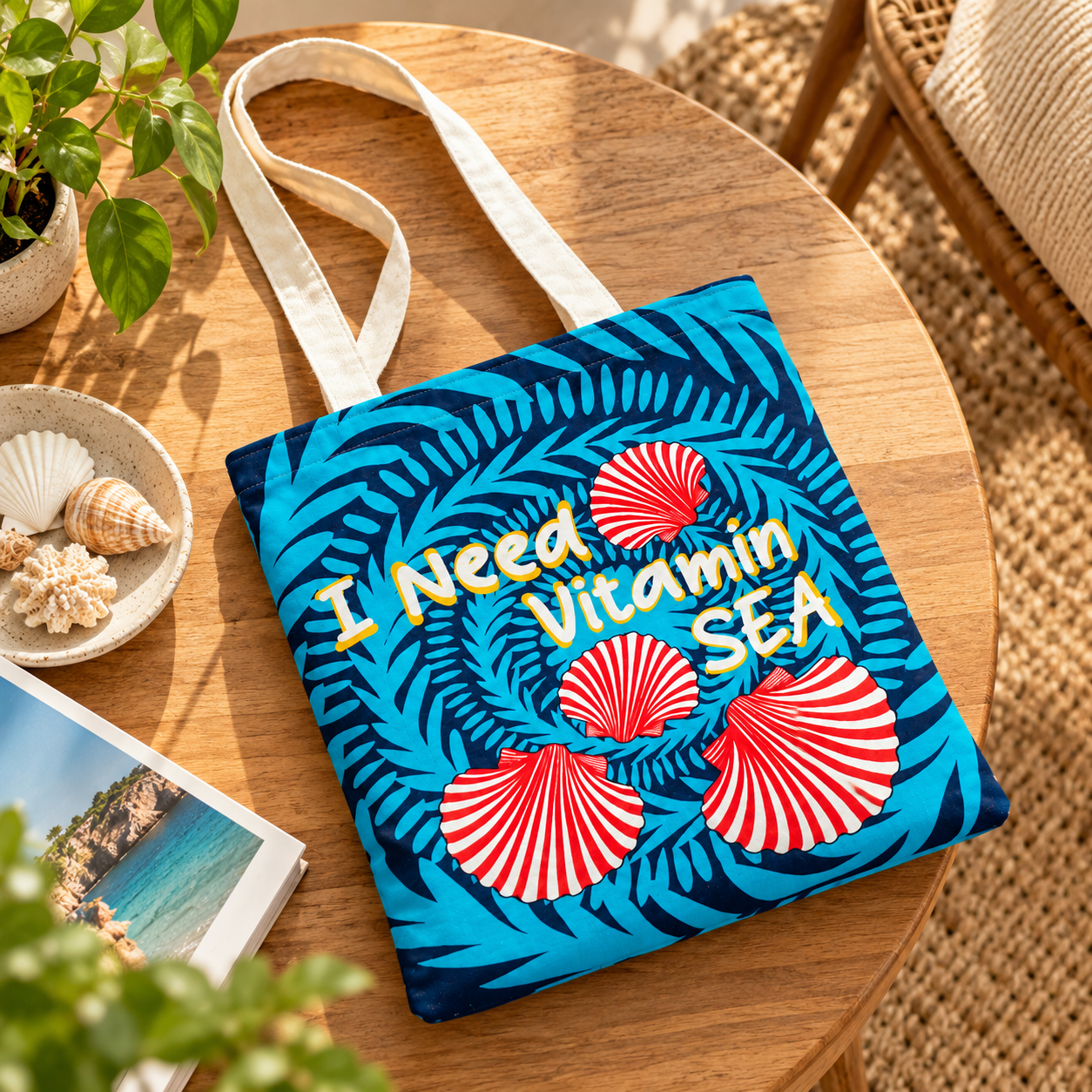 I Need Vitamin Sea Printed Cotton Canvas Tote Bag – 36 × 40 cm