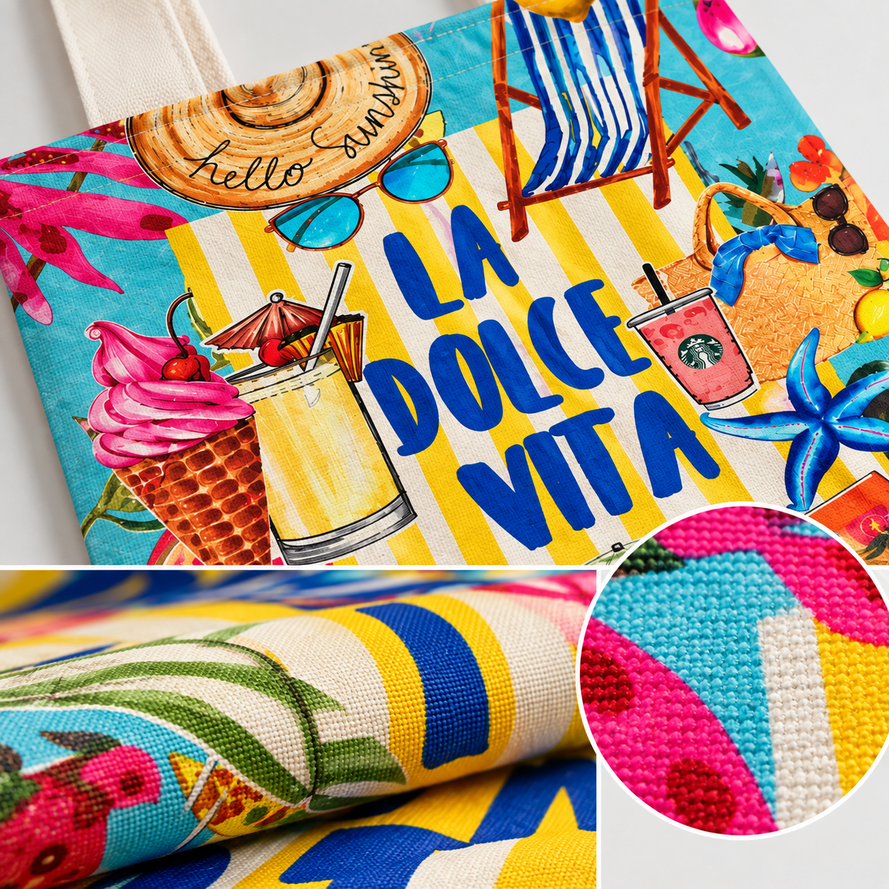Hello Summer La Dolce Vita Printed Cotton Canvas Tote Bag – 36 × 40 cm