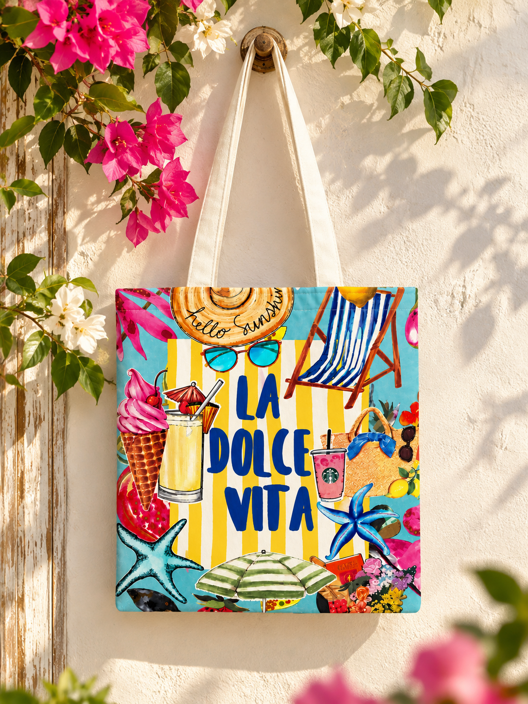 Hello Summer La Dolce Vita Printed Cotton Canvas Tote Bag – 36 × 40 cm