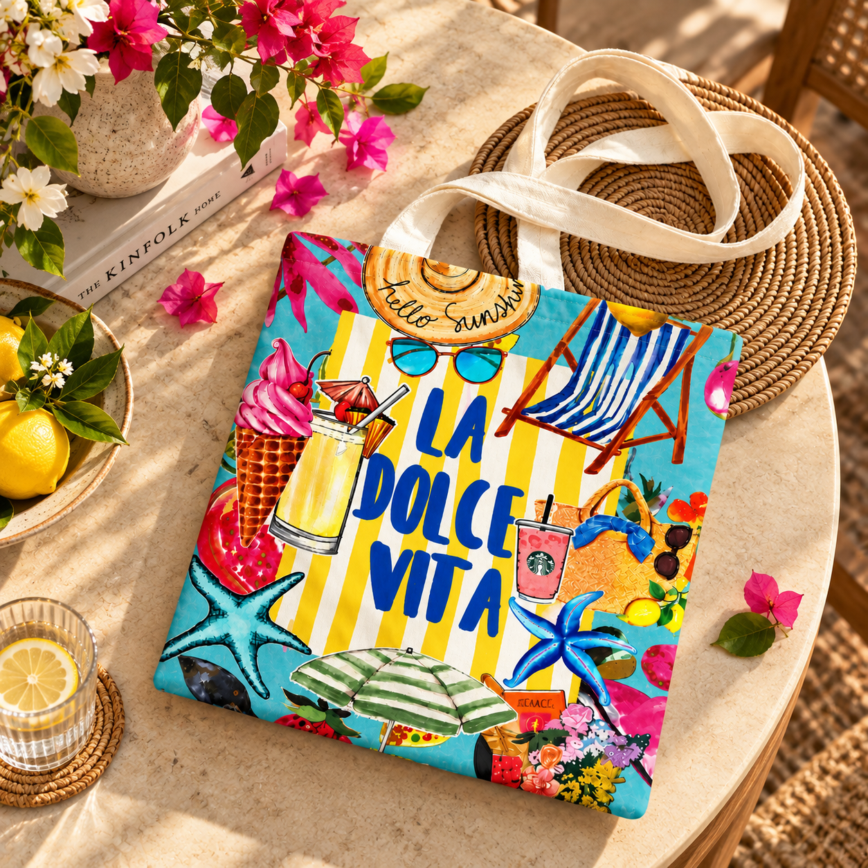 Hello Summer La Dolce Vita Printed Cotton Canvas Tote Bag – 36 × 40 cm