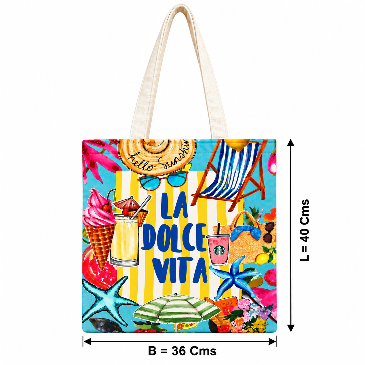 Hello Summer La Dolce Vita Printed Cotton Canvas Tote Bag – 36 × 40 cm