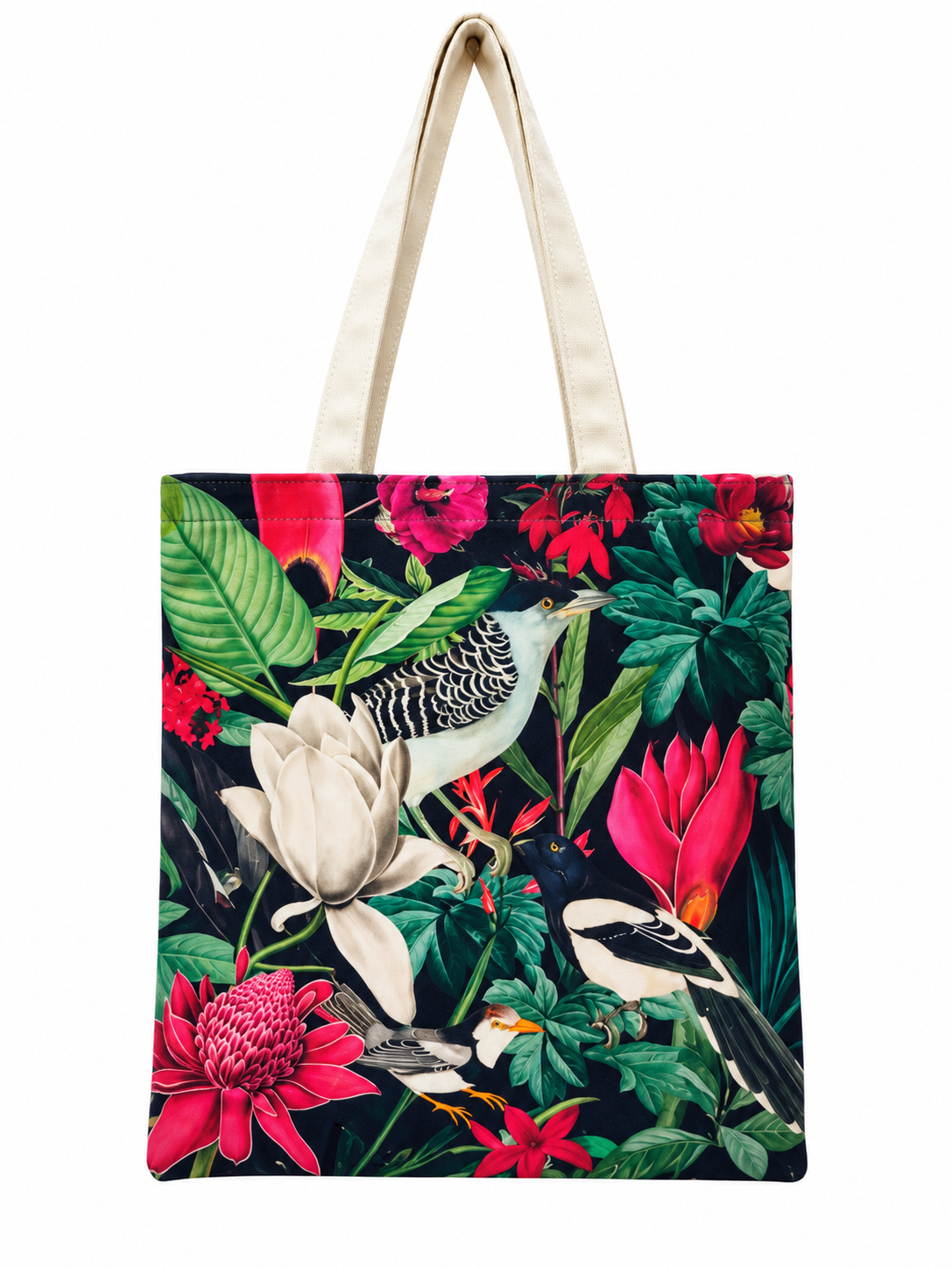 Tropical Birds & Floral Print Cotton Canvas Tote Bag – 36 × 40 cm
