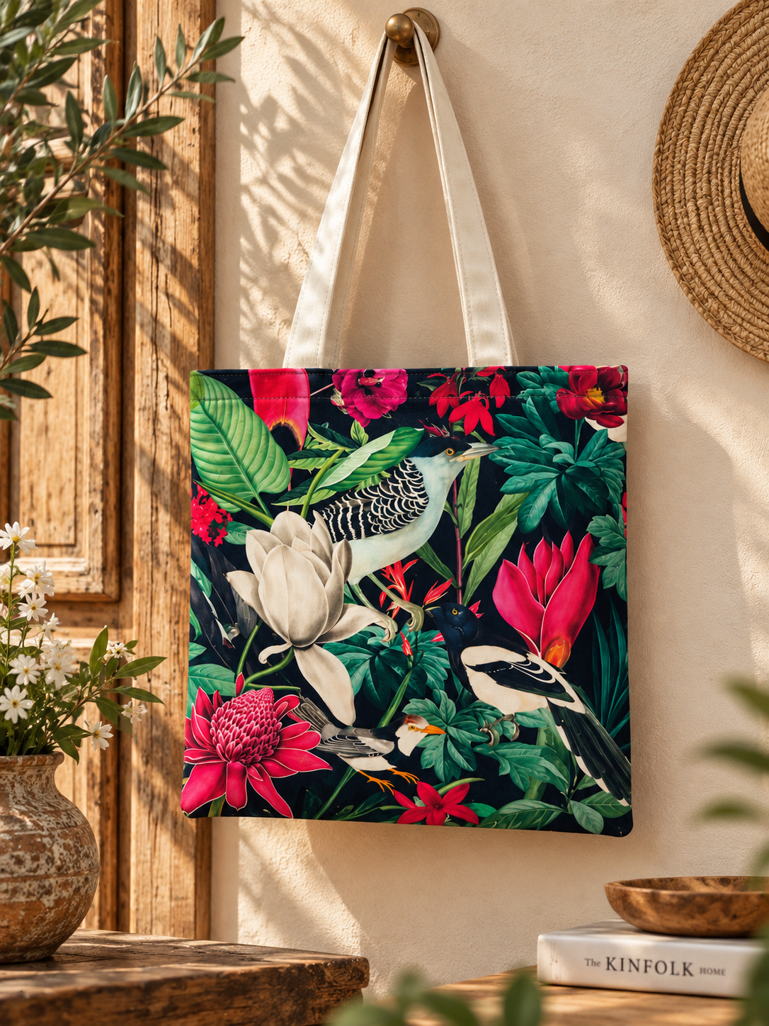 Tropical Birds & Floral Print Cotton Canvas Tote Bag – 36 × 40 cm