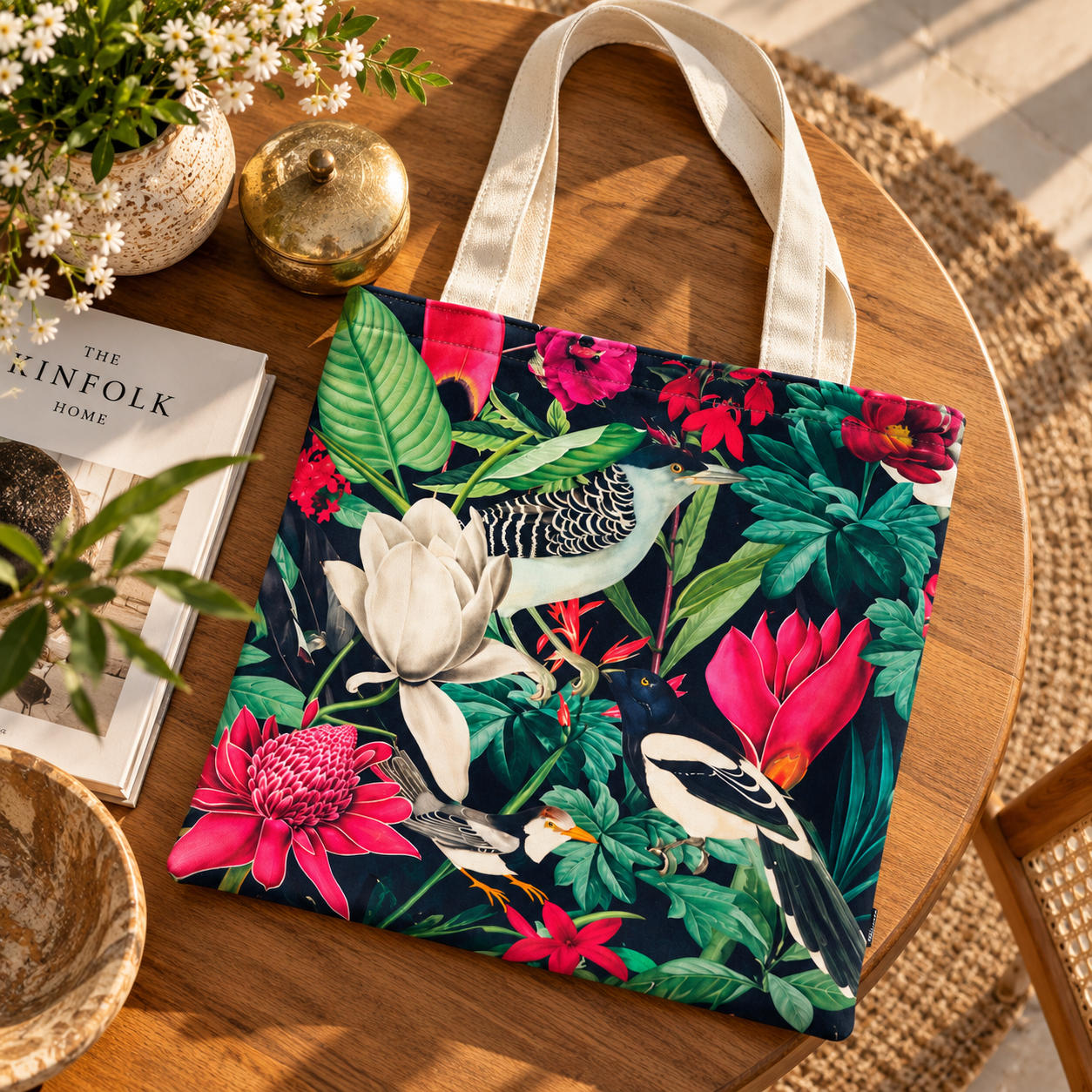 Tropical Birds & Floral Print Cotton Canvas Tote Bag – 36 × 40 cm
