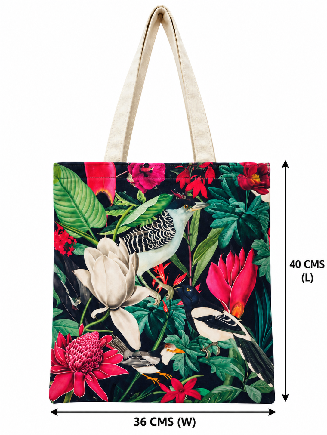 Tropical Birds & Floral Print Cotton Canvas Tote Bag – 36 × 40 cm