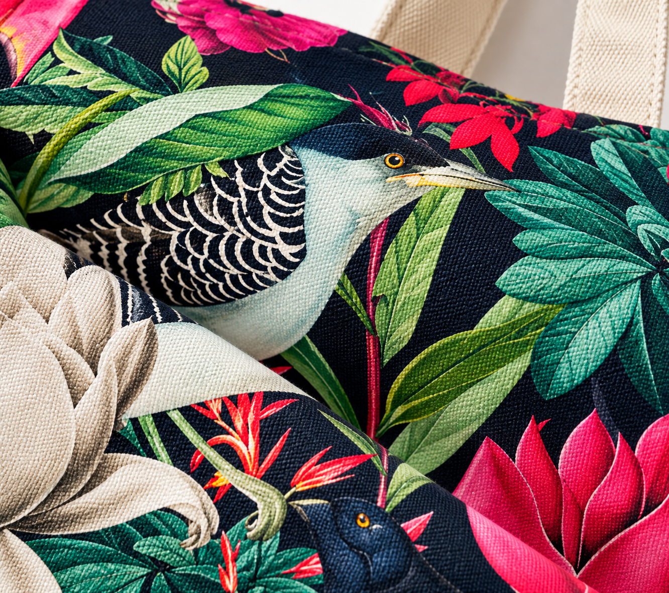 Tropical Birds & Floral Print Cotton Canvas Tote Bag – 36 × 40 cm