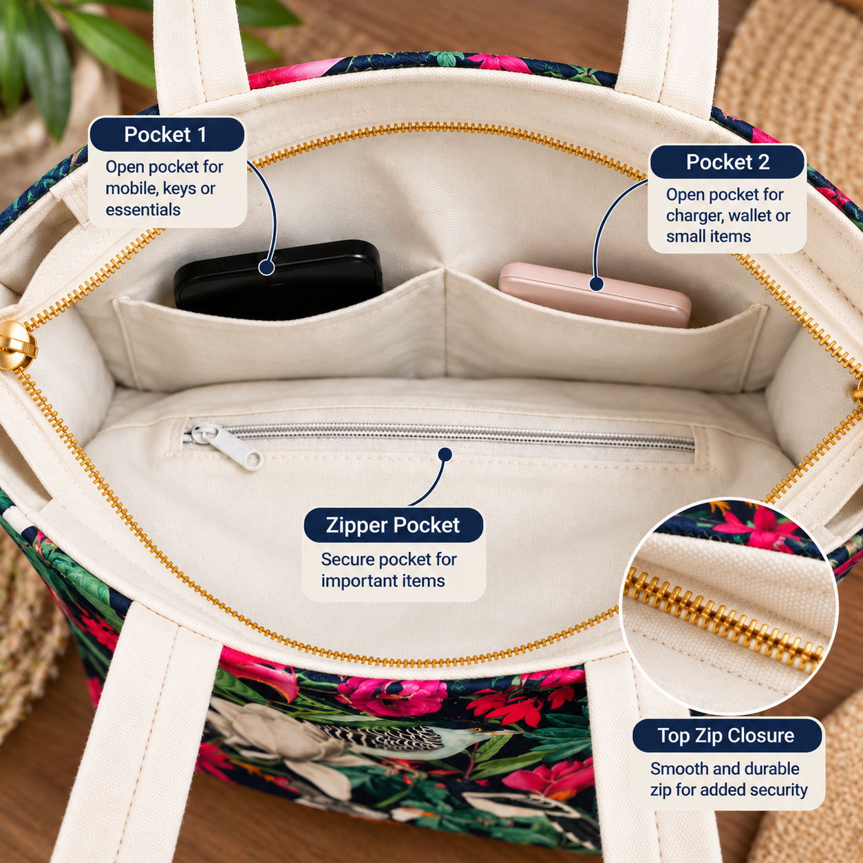 Tropical Birds & Floral Print Cotton Canvas Tote Bag – 36 × 40 cm