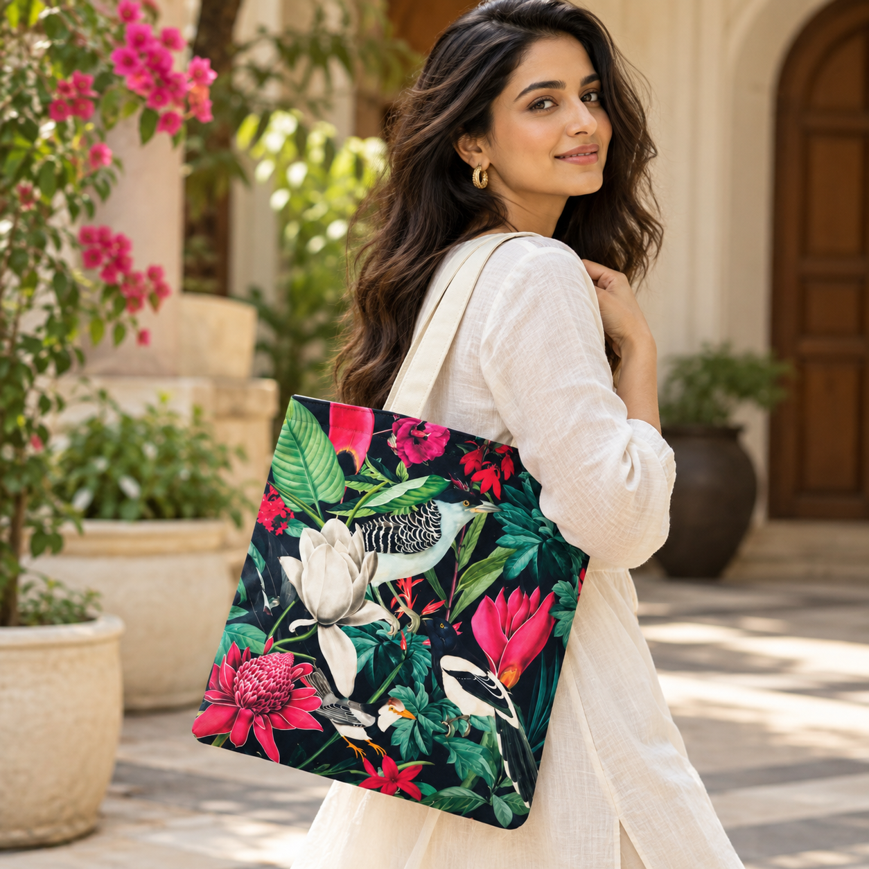 Tropical Birds & Floral Print Cotton Canvas Tote Bag – 36 × 40 cm