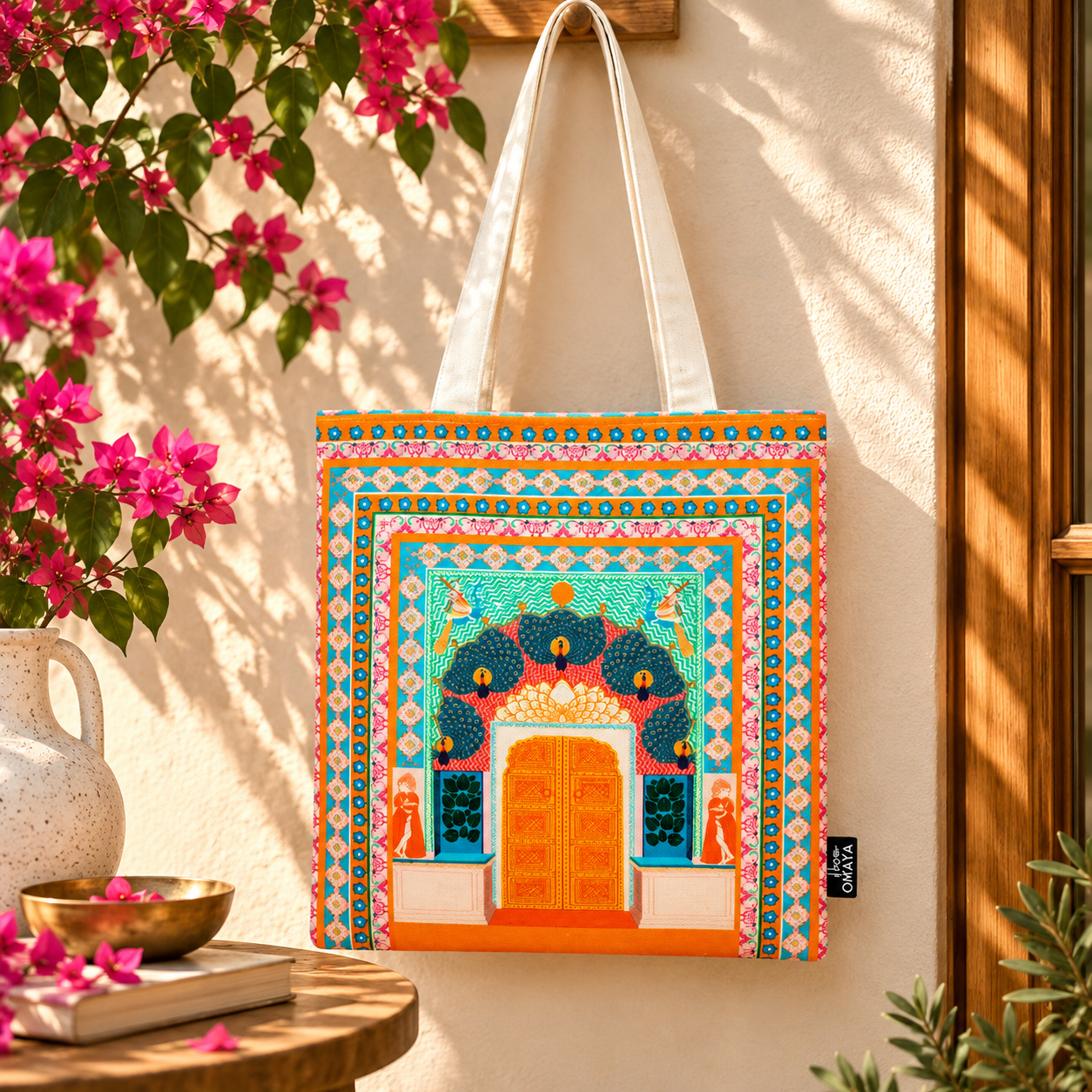 Royal Peacock Gate Printed Cotton Canvas Tote Bag – 36 × 40 cm