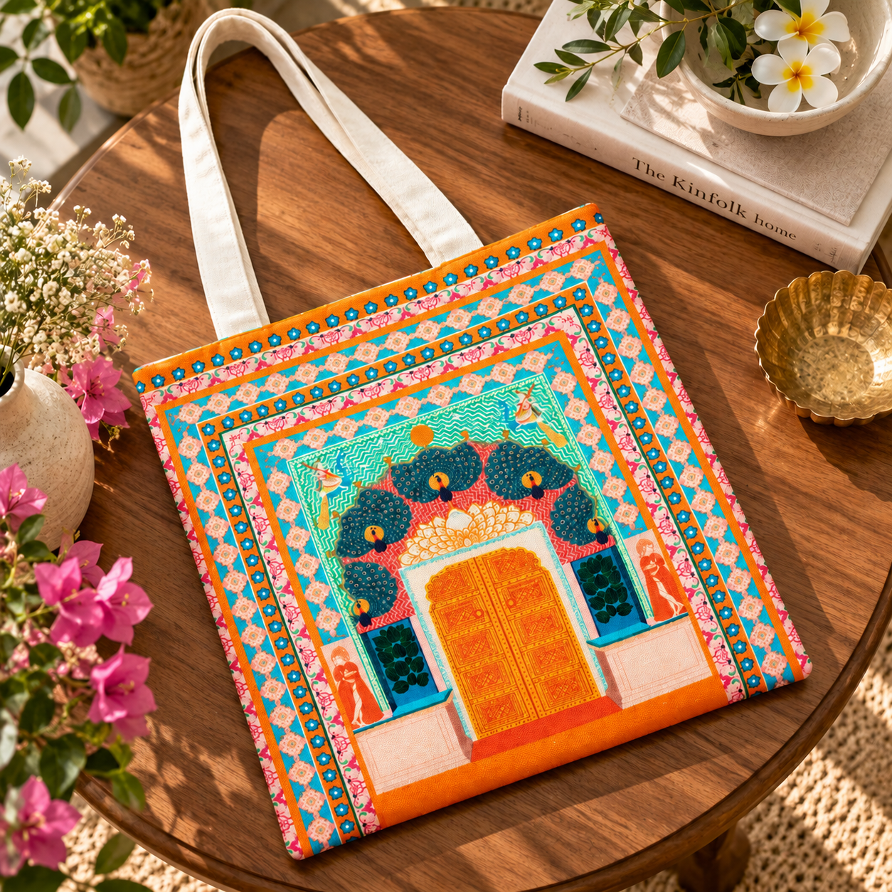 Royal Peacock Gate Printed Cotton Canvas Tote Bag – 36 × 40 cm