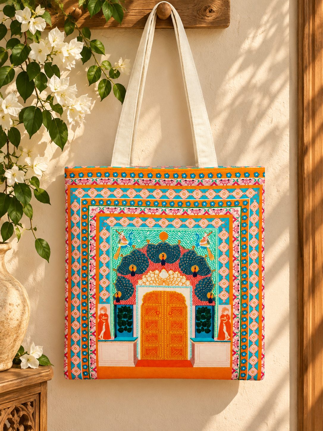 Royal Peacock Gate Printed Cotton Canvas Tote Bag – 36 × 40 cm