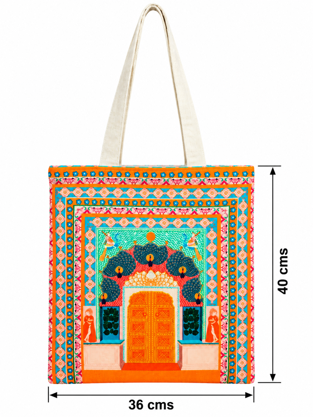 Royal Peacock Gate Printed Cotton Canvas Tote Bag – 36 × 40 cm