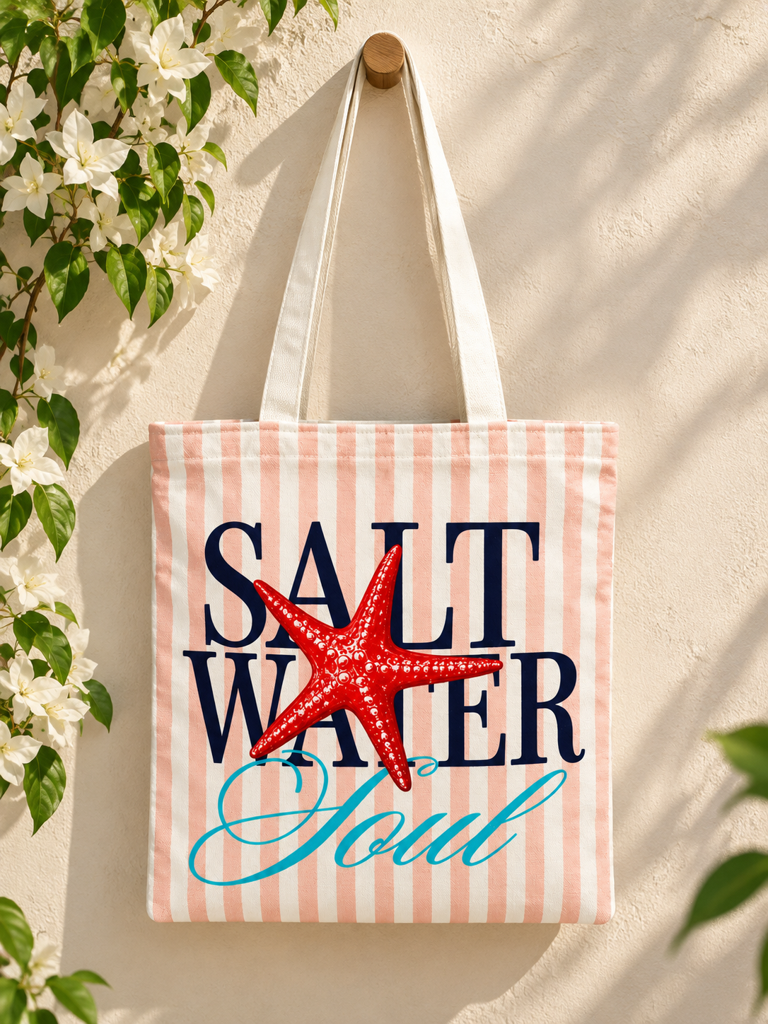 Salt Water Soul Starfish Printed Cotton Canvas Tote Bag – 36 × 40 cm