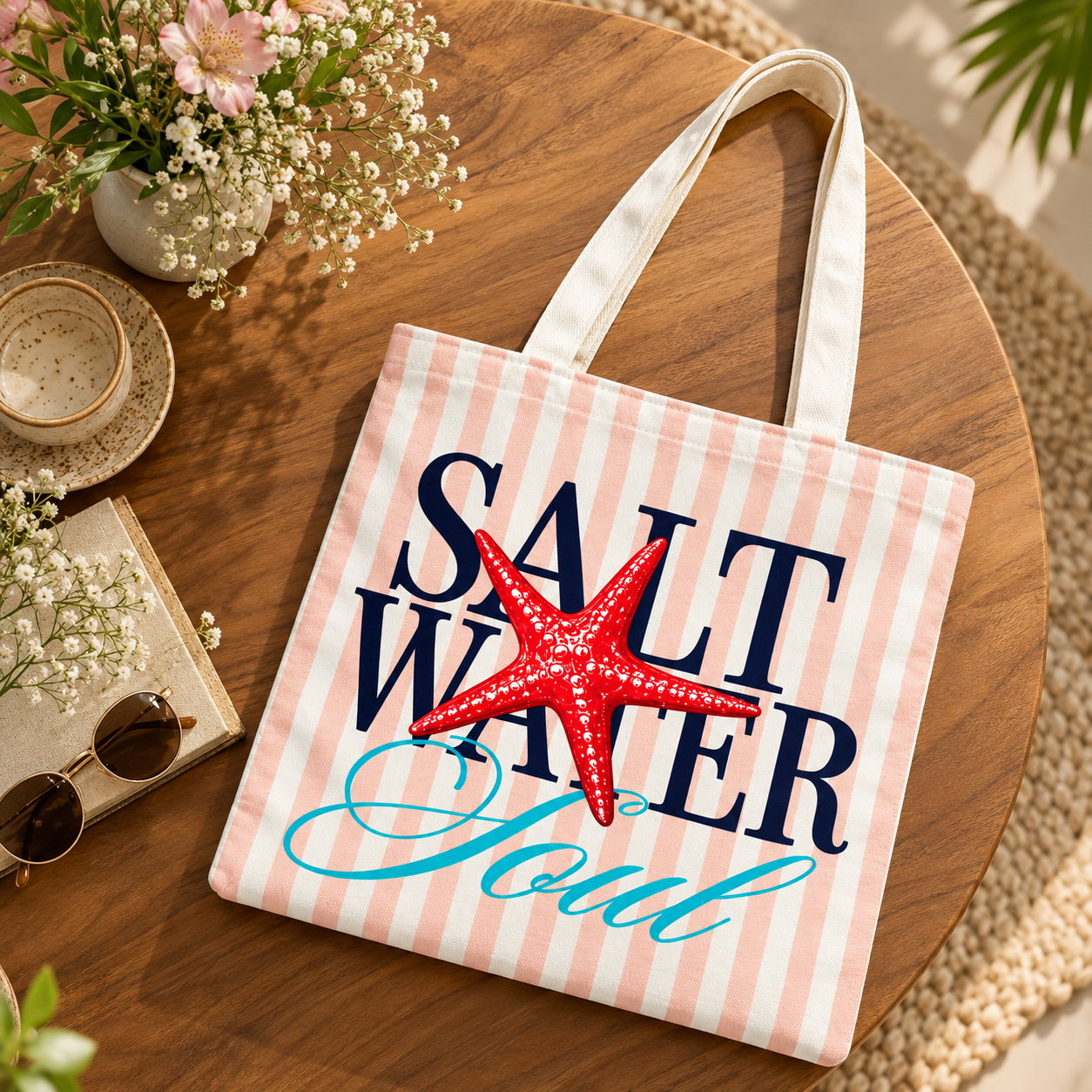 Salt Water Soul Starfish Printed Cotton Canvas Tote Bag – 36 × 40 cm