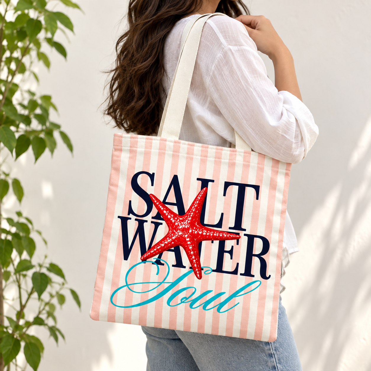 Salt Water Soul Starfish Printed Cotton Canvas Tote Bag – 36 × 40 cm