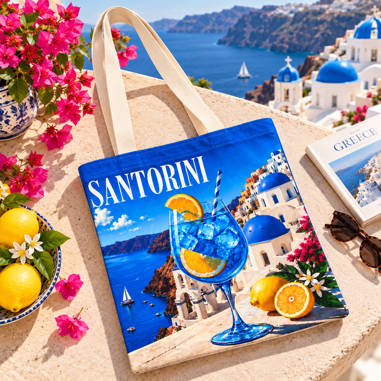 Santorini Blue Coast Printed Cotton Canvas Tote Bag – 36 × 40 cm