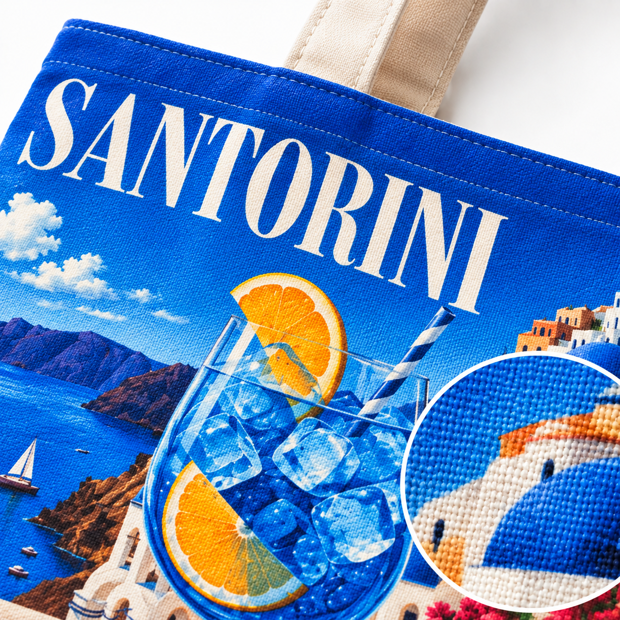 Santorini Blue Coast Printed Cotton Canvas Tote Bag – 36 × 40 cm