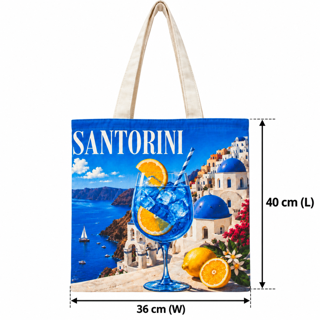 Santorini Blue Coast Printed Cotton Canvas Tote Bag – 36 × 40 cm