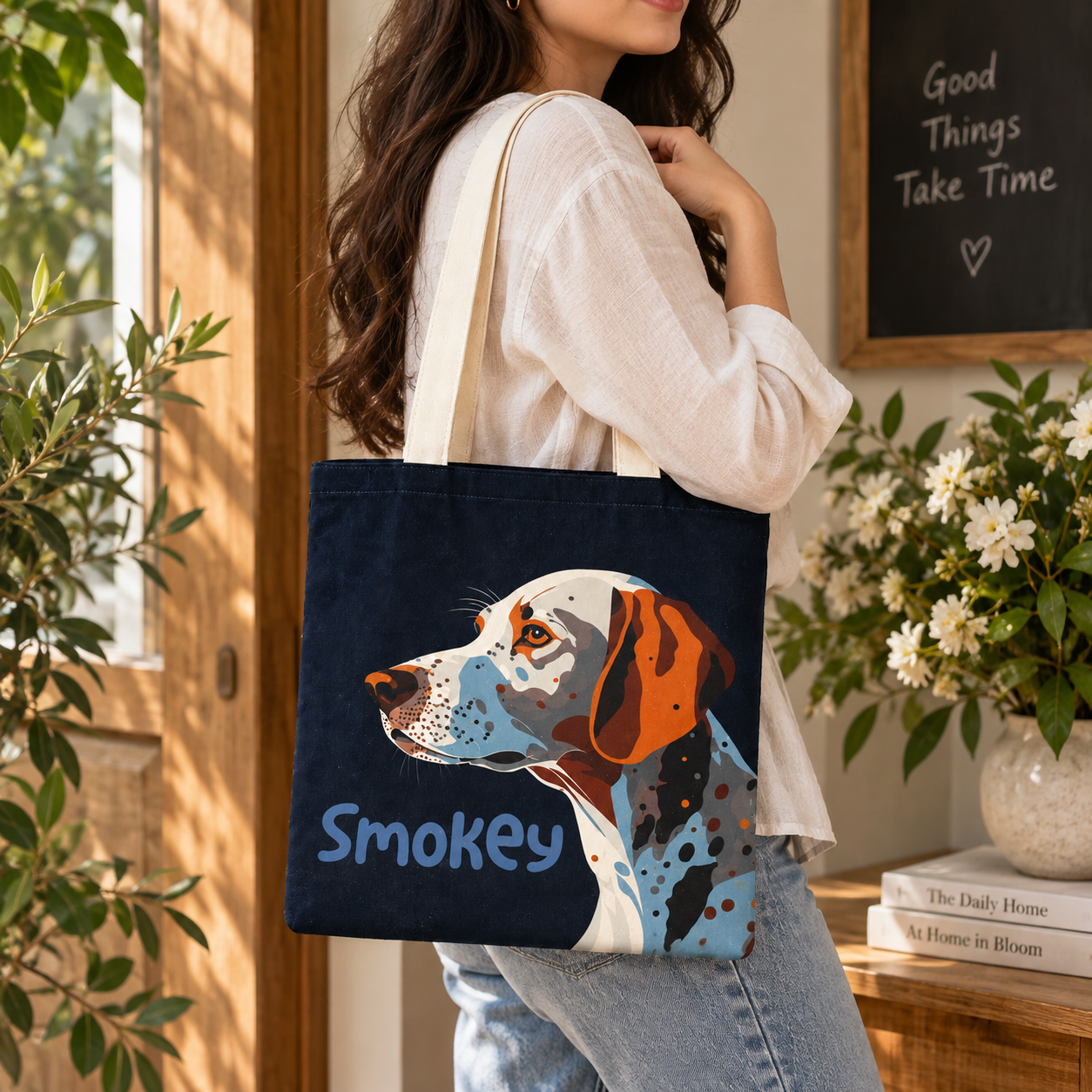 Smokey Dog Print Cotton Canvas Tote Bag – 36 × 40 cm