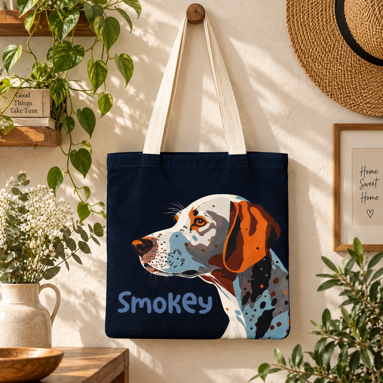 Smokey Dog Print Cotton Canvas Tote Bag – 36 × 40 cm