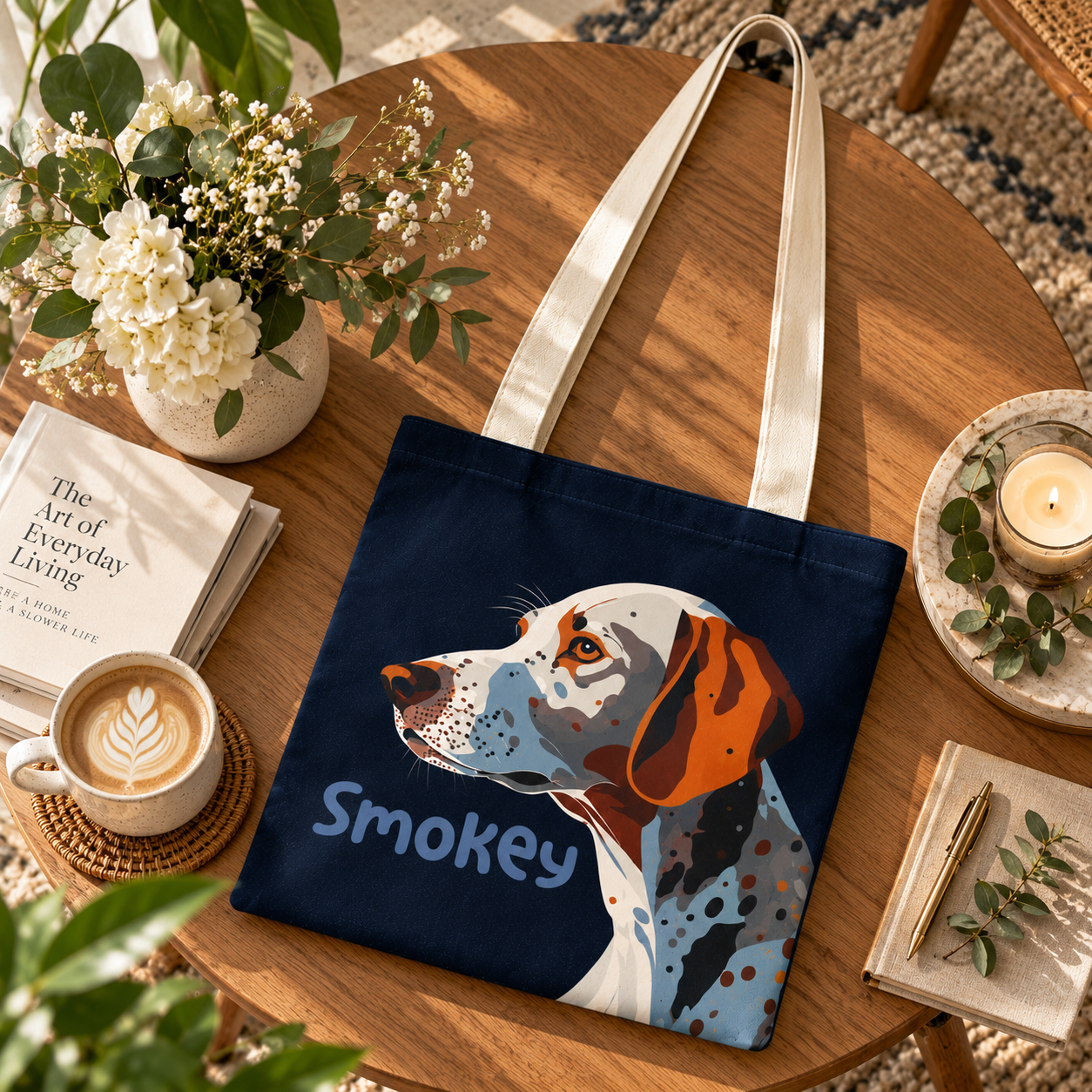 Smokey Dog Print Cotton Canvas Tote Bag – 36 × 40 cm
